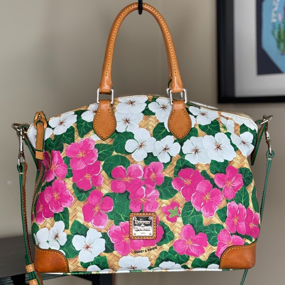 Dooney & Bourke Pink & White Pansy Flower Design With Basketweave Satchel - Picture 2 of 16